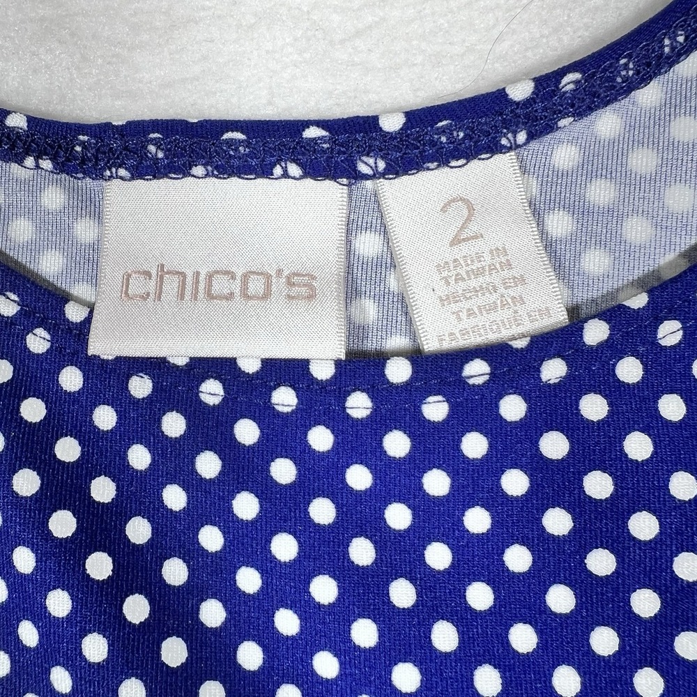 CHICO'S Sz 2=12/14 Large Tank Top Shirt Blouse Blue White‎ Polka Dots Nylon - Picture 2 of 7